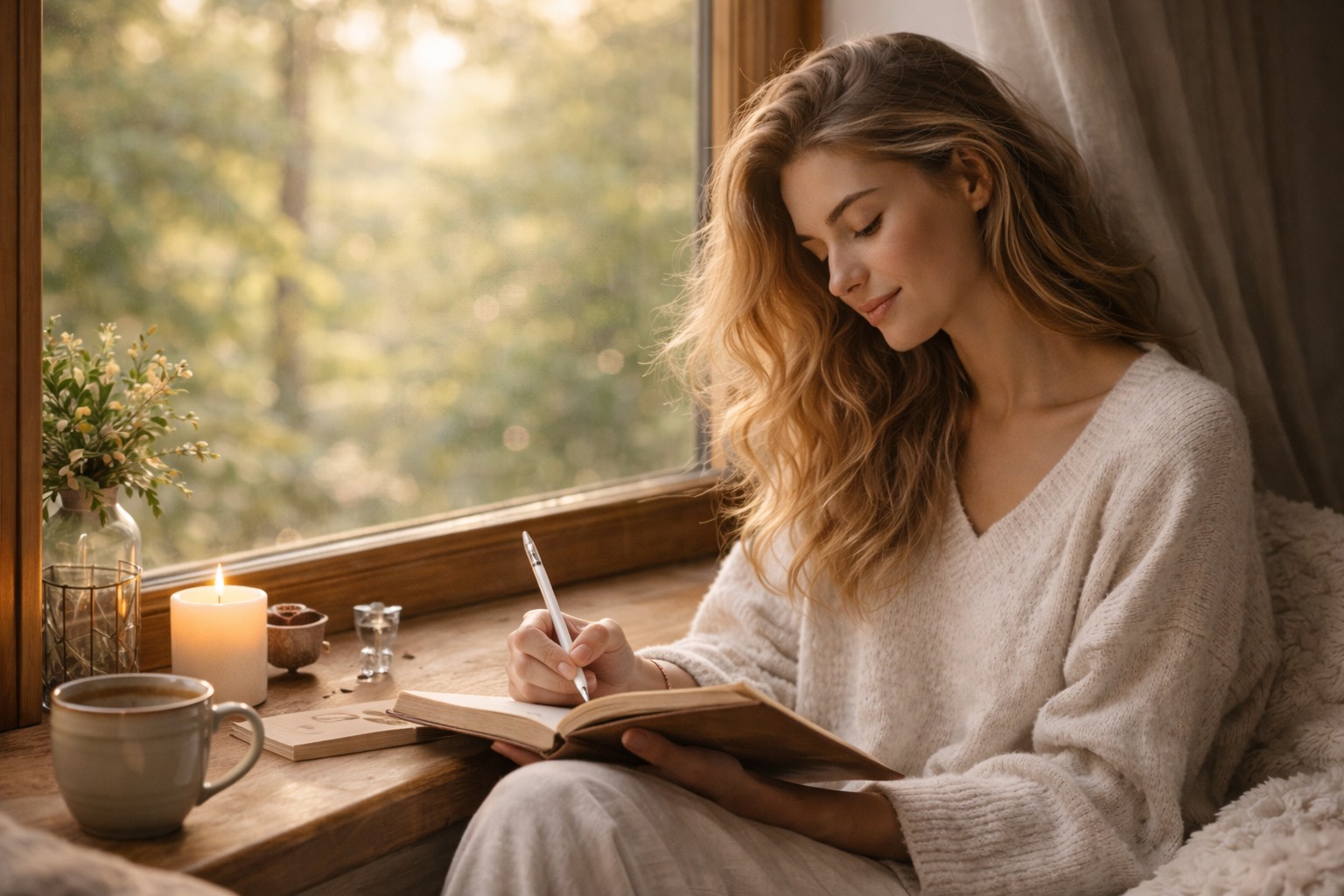 Gentle journaling and reflection in soft natural light